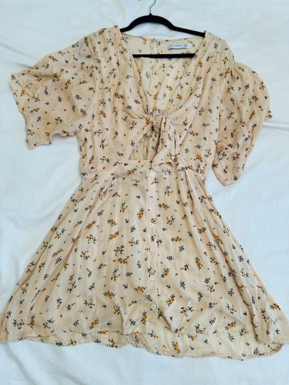 Faithfull The Brand Vinci Mini Dress Floral Tie Front Cream & Pink Dress sz S